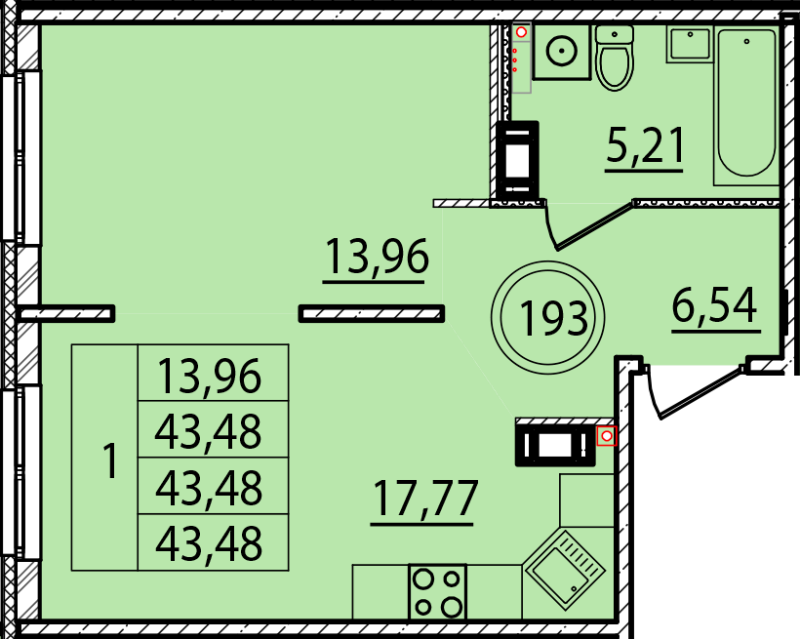 2 ккв (Евро) 43,5 м²