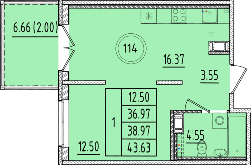 2 ккв (Евро) 37 м²