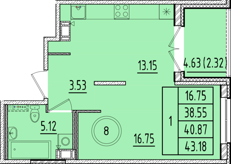 1 ккв 38,6 м²