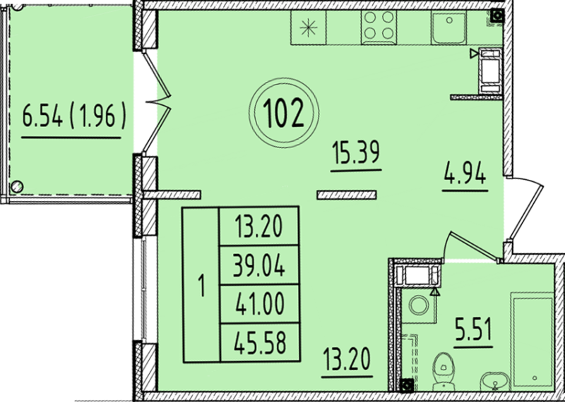 2 ккв (Евро) 39 м²
