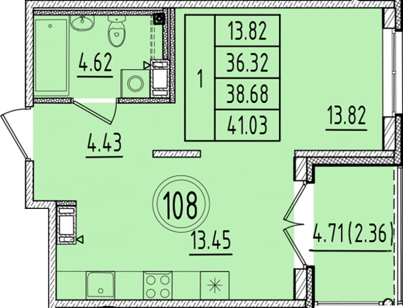 1 ккв 36,3 м²