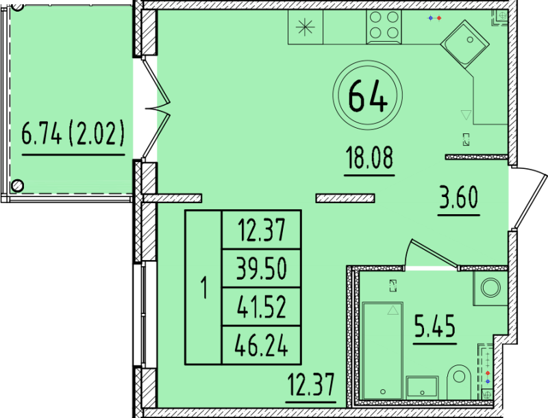 2 ккв (Евро) 39,5 м²