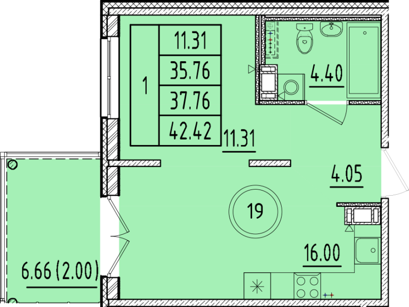 2 ккв (Евро) 35,8 м²