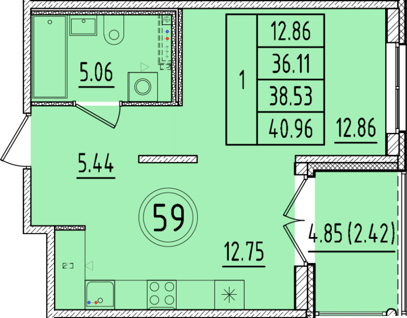 1 ккв 36,1 м²