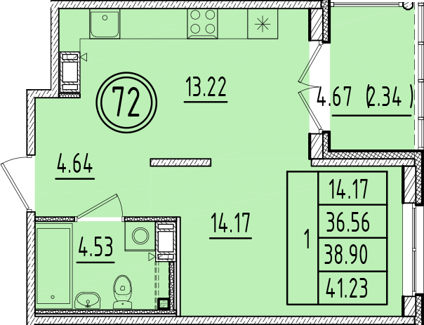 1 ккв 36,6 м²