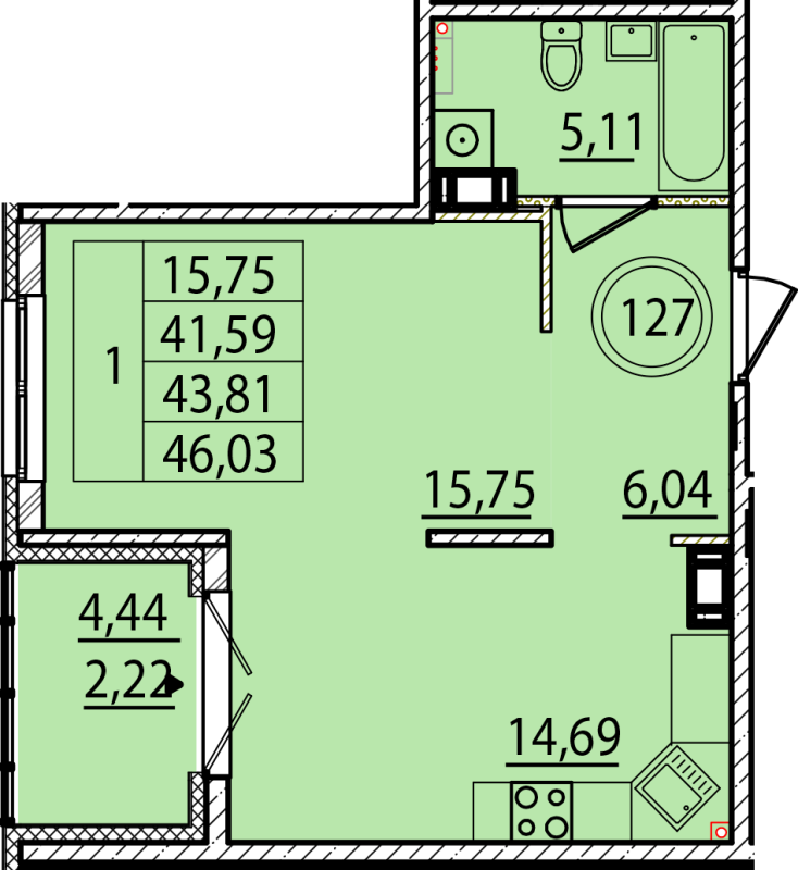 1 ккв 41,6 м²