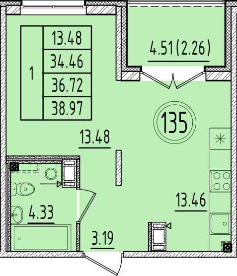 1 ккв 34,5 м²