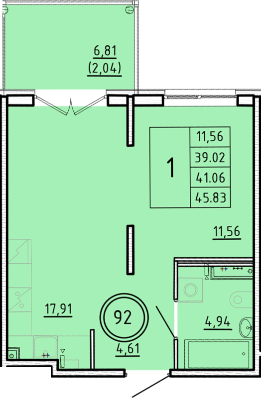 2 ккв (Евро) 39 м²