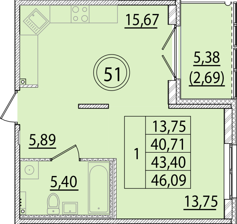 2 ккв (Евро) 40,7 м²