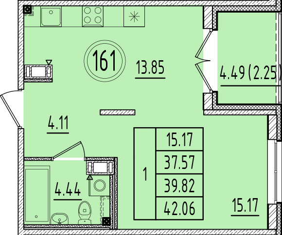 1 ккв 37,6 м²