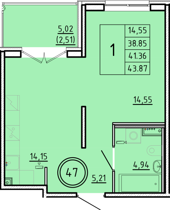 1 ккв 38,9 м²