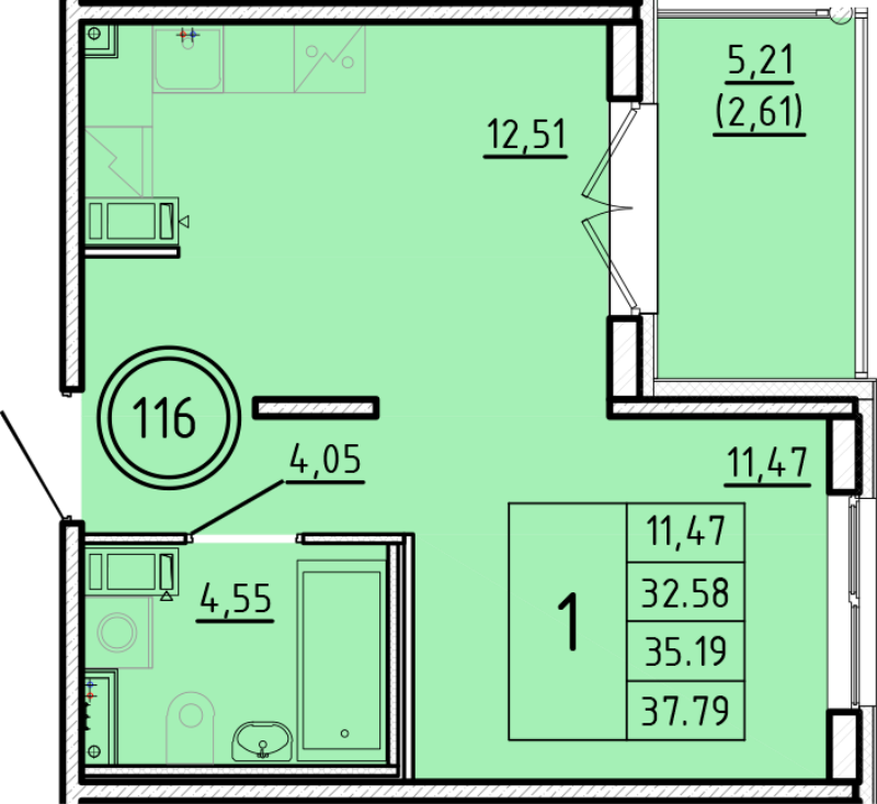 1 ккв 32,6 м²