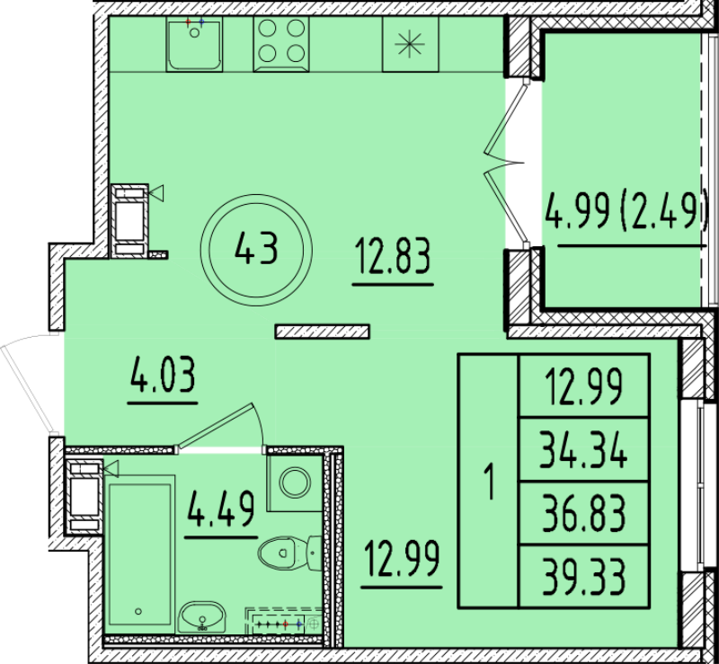 1 ккв 34,3 м²