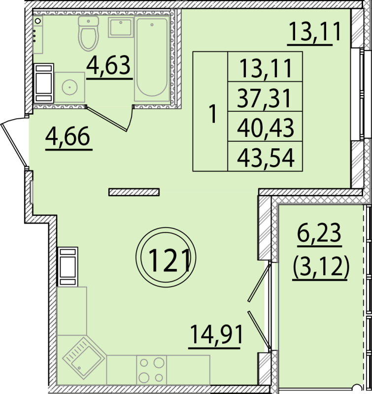 1 ккв 37,3 м²