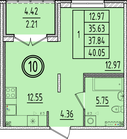 1 ккв 35,6 м²
