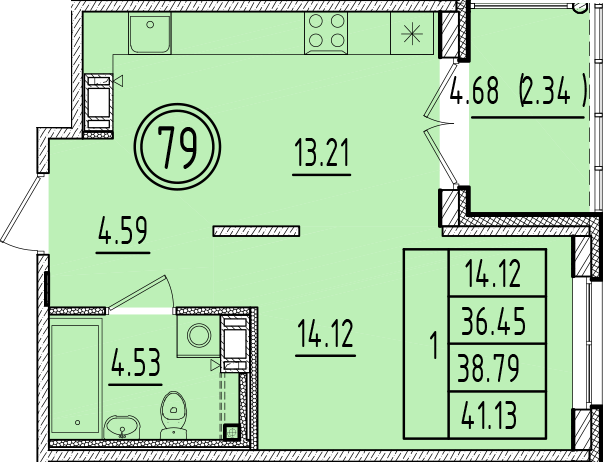 1 ккв 36,5 м²