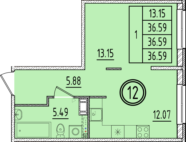 1 ккв 36,6 м²