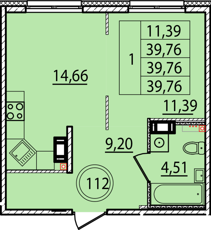 1 ккв 39,8 м²