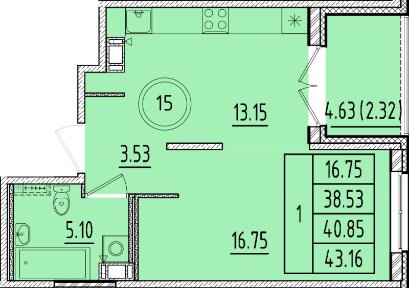 1 ккв 38,5 м²