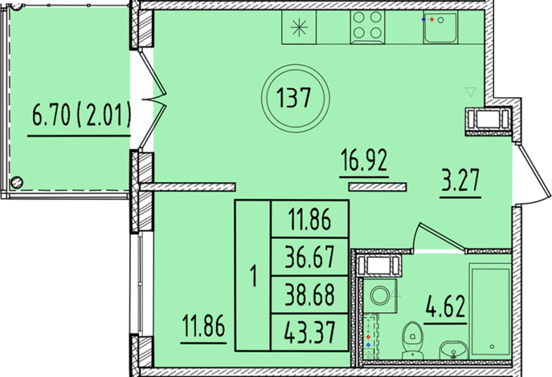 2 ккв (Евро) 36,7 м²