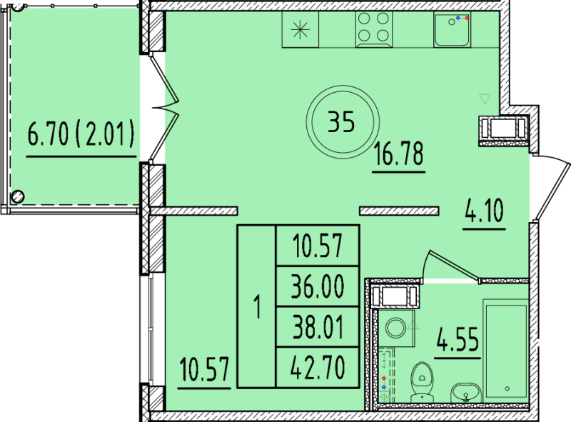 2 ккв (Евро) 36 м²