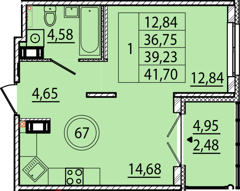 1 ккв 36,8 м²