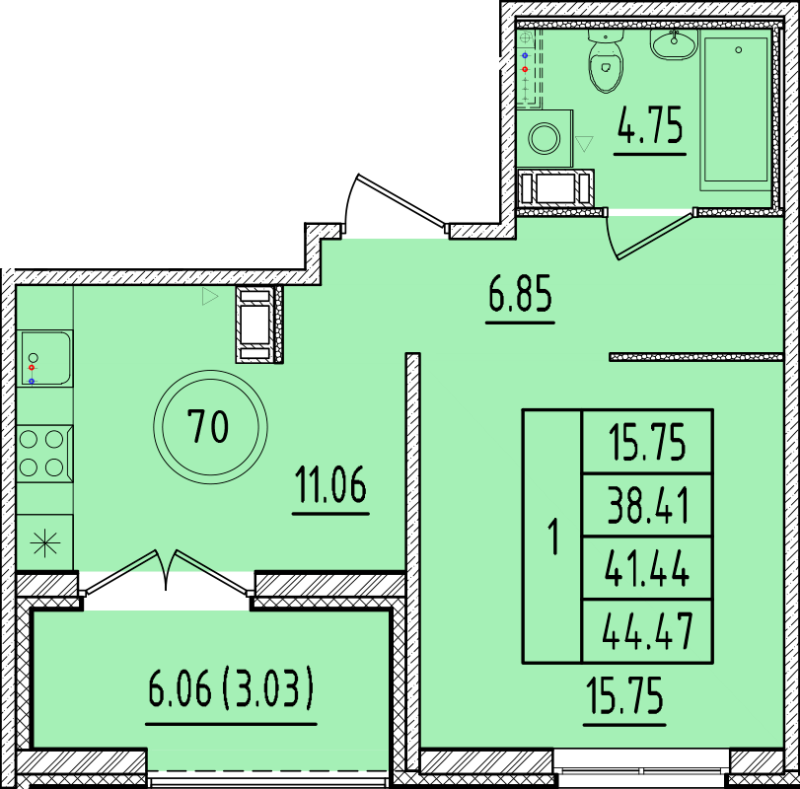 1 ккв 38,4 м²