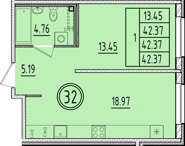 2 ккв (Евро) 42,4 м²