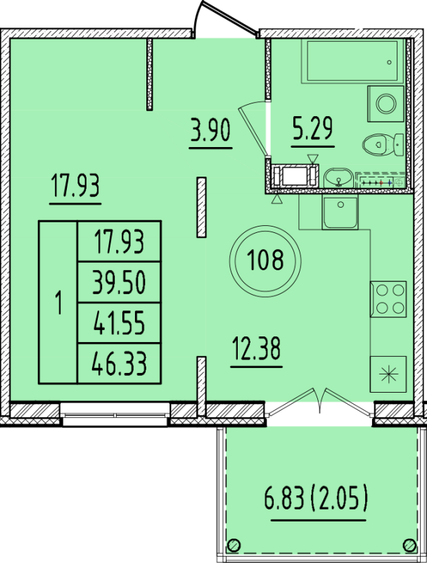 1 ккв 39,5 м²