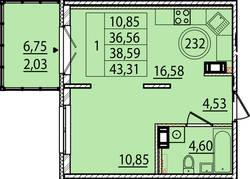 2 ккв (Евро) 36,6 м²