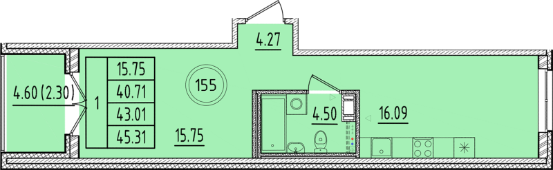 2 ккв (Евро) 40,7 м²