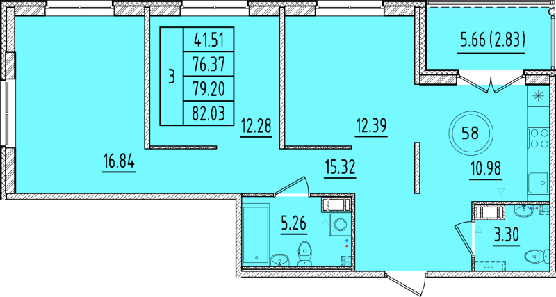 3 ккв 76,4 м²