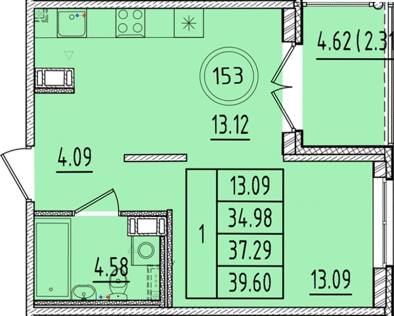 1 ккв 35 м²