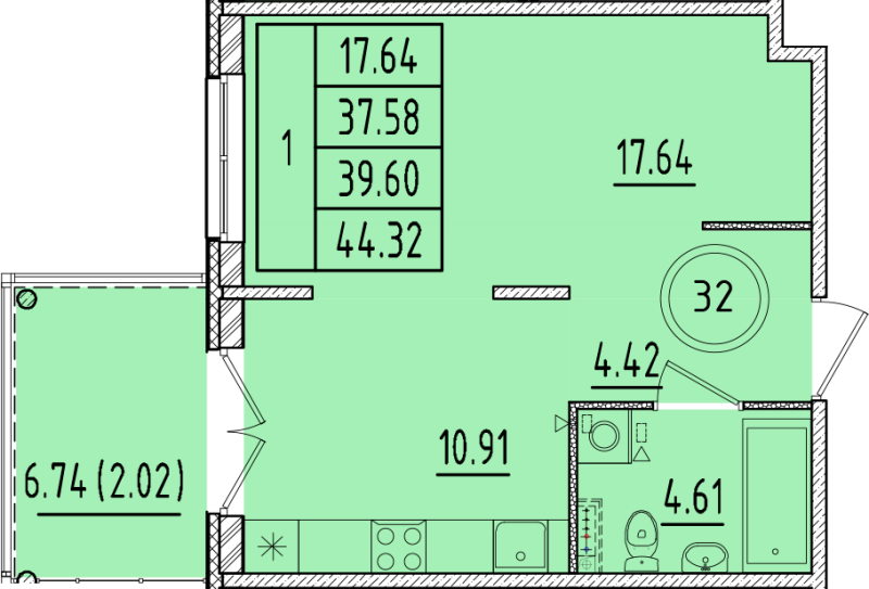 1 ккв 37,6 м²