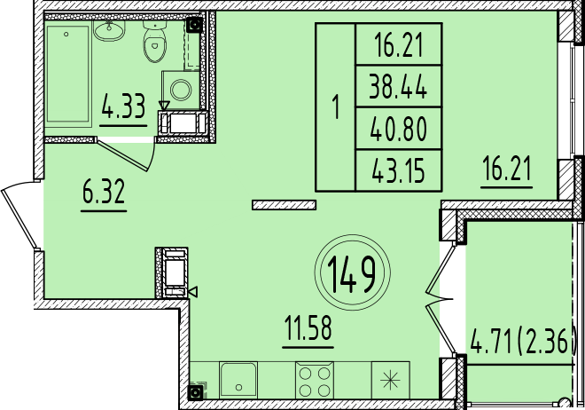 1 ккв 38,4 м²