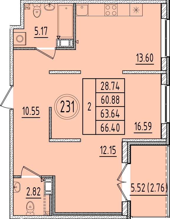 2 ккв 60,9 м²