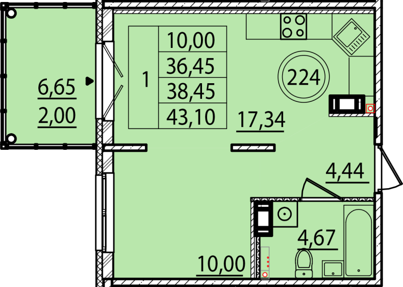 2 ккв (Евро) 36,5 м²