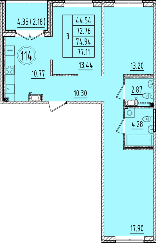 3 ккв 72,8 м²
