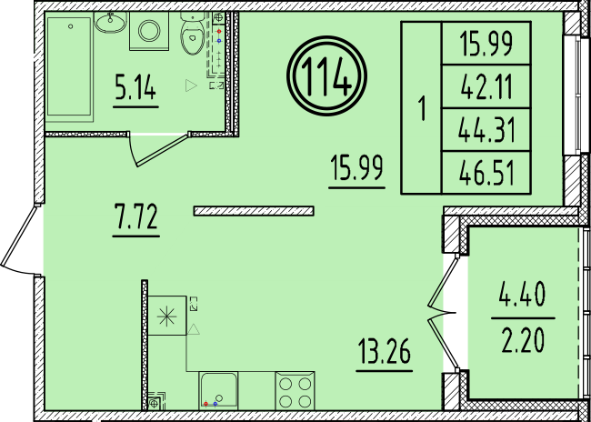 1 ккв 42,1 м²