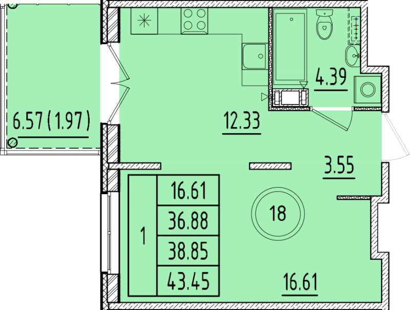 1 ккв 36,9 м²