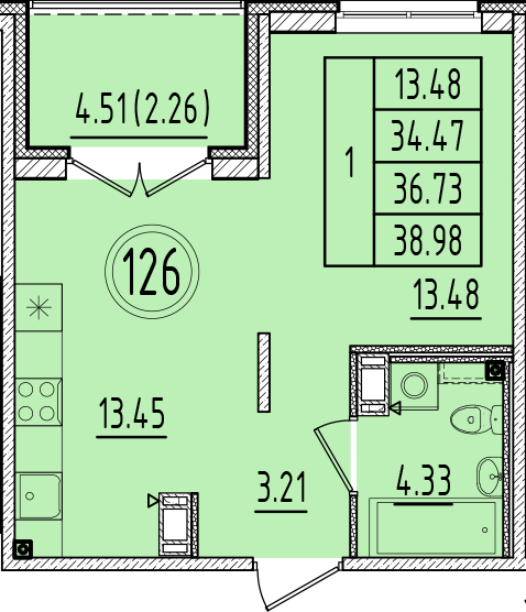 1 ккв 34,5 м²