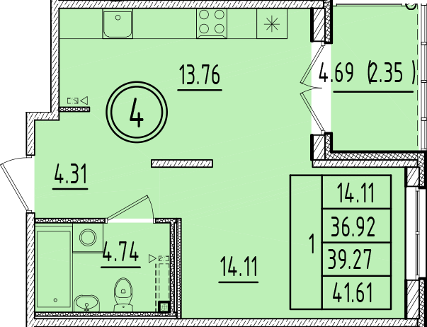 1 ккв 36,9 м²