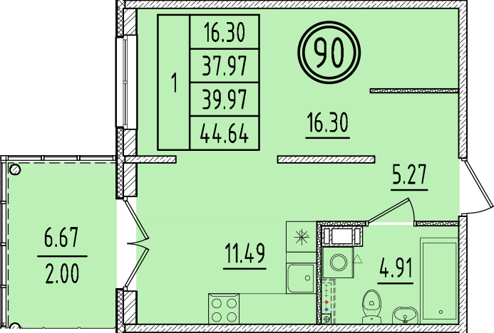 1 ккв 38 м²