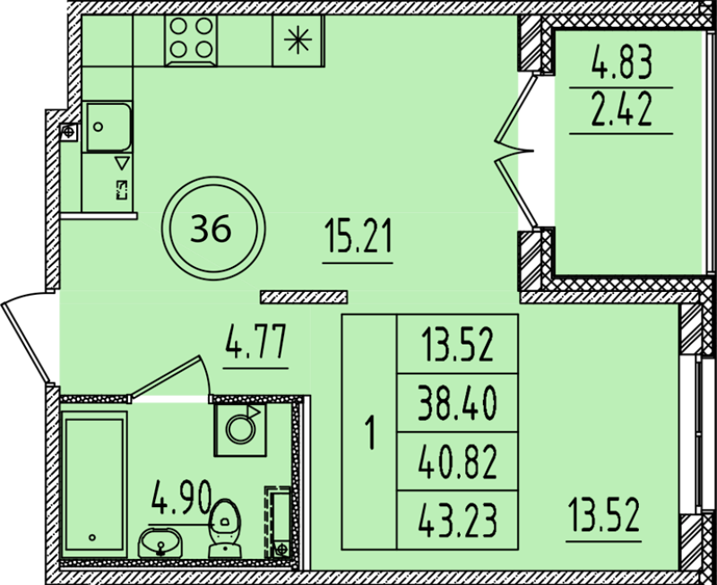 1 ккв 38,4 м²
