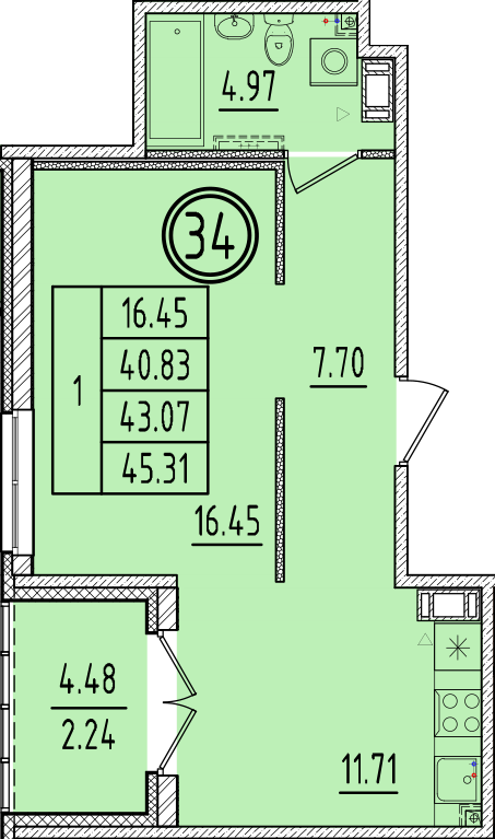 1 ккв 40,8 м²