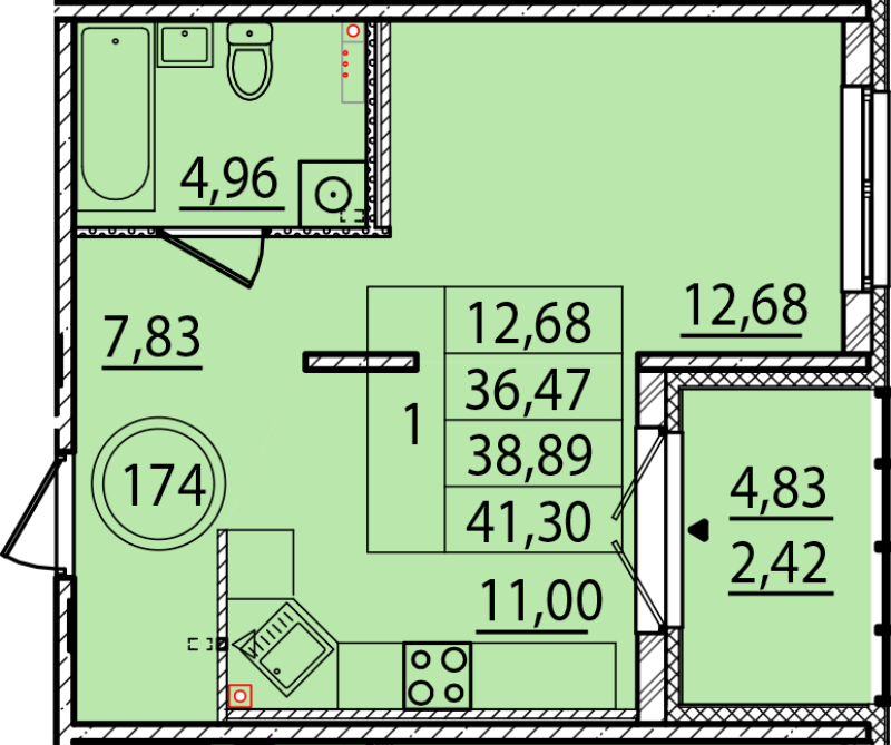 1 ккв 36,5 м²
