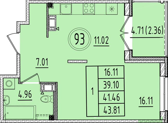 1 ккв 39,1 м²