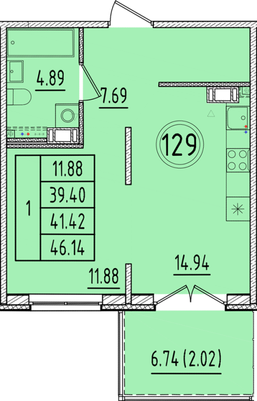 1 ккв 39,4 м²