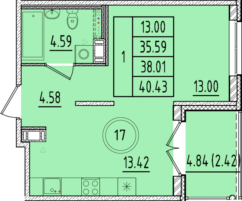 1 ккв 35,6 м²