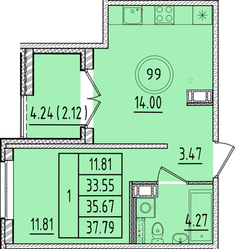 1 ккв 33,6 м²